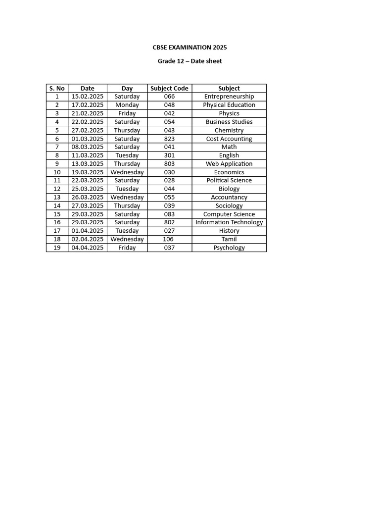 CBSE Class 12 Date Sheet 2025 | PDF