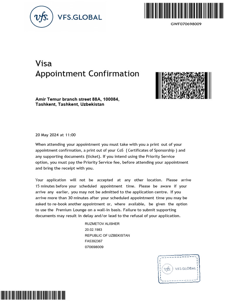 Visa Appointment Confirmation - Tashkent | PDF