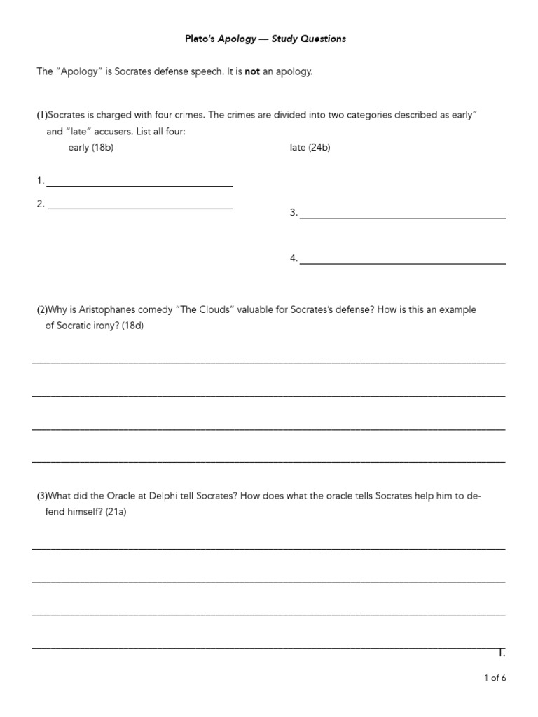 Plato's Apology Study Questions | PDF | Apology (Plato) | Socrates