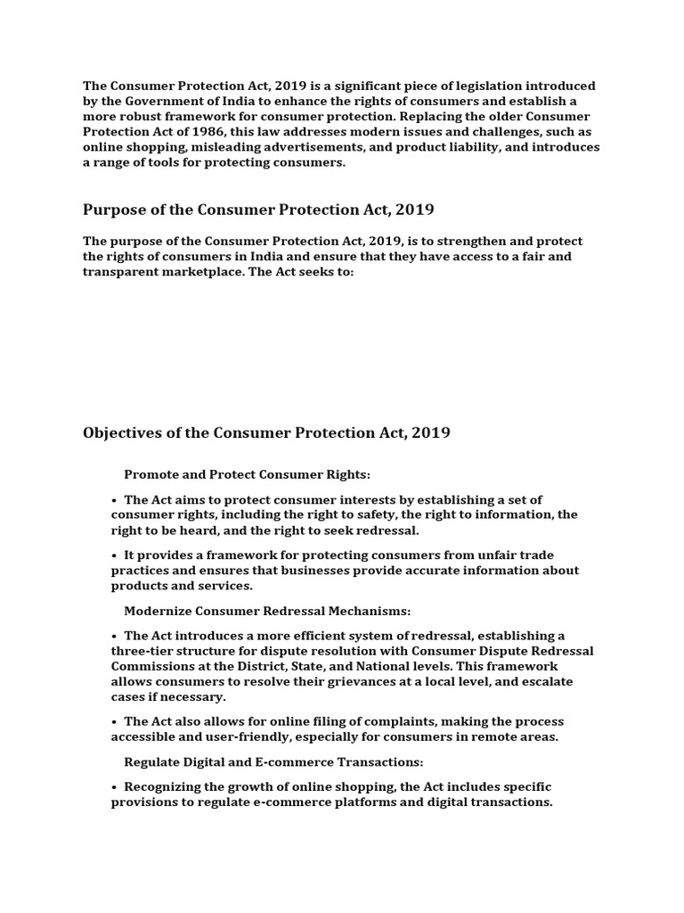 Objectives of Consumer Protection Act 2019 | PDF | Consumer Protection ...