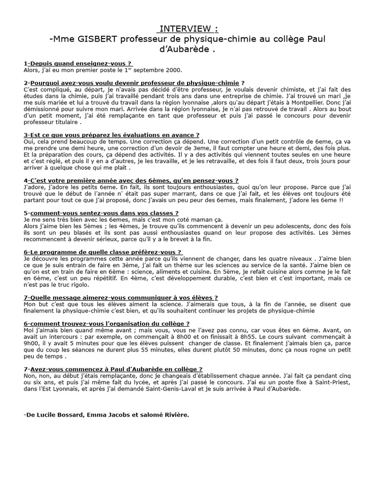 Interview de professeurs au collège Paul d'Aubarède | PDF