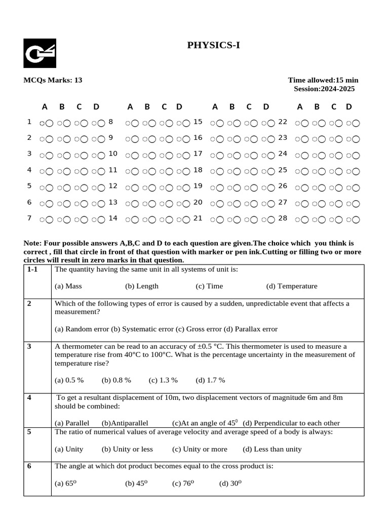 Mcqs Pe Pm Ics (Part i) | PDF | Observational Error | Physics