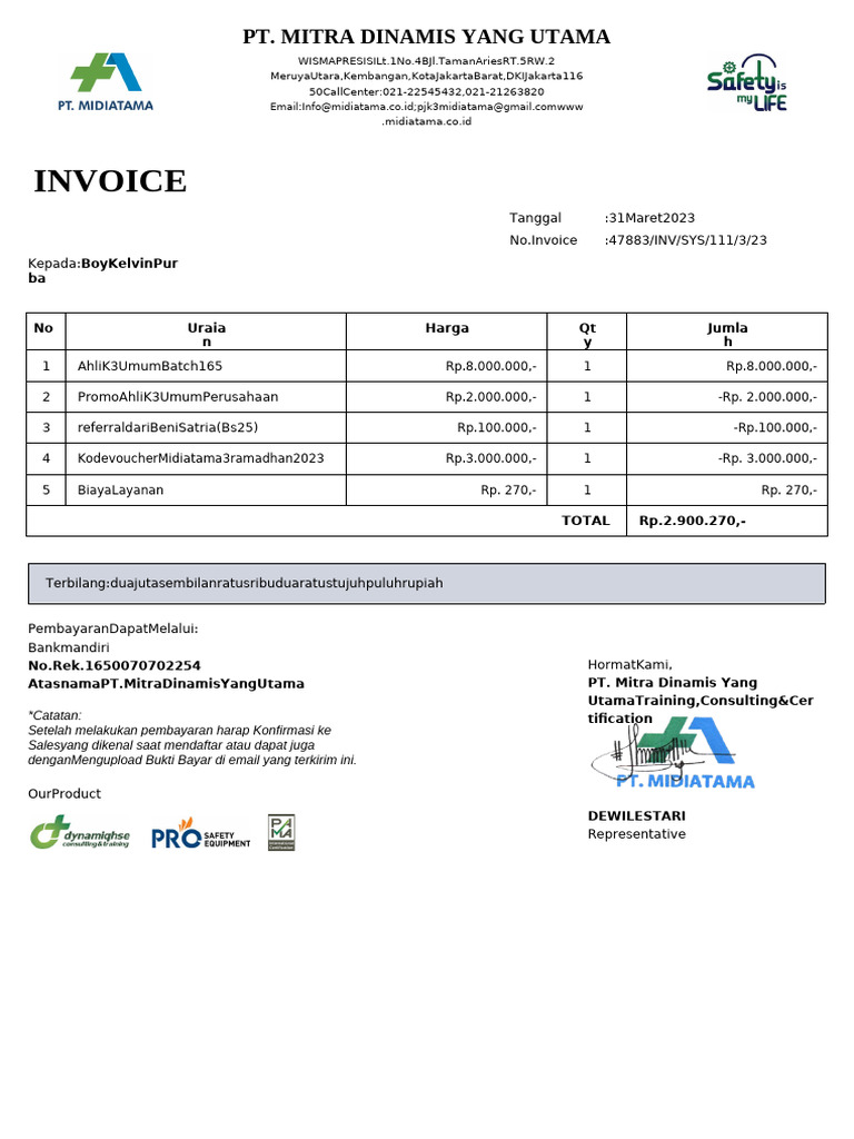 Invoice Pembayaran PT Mitra Dinamis | PDF