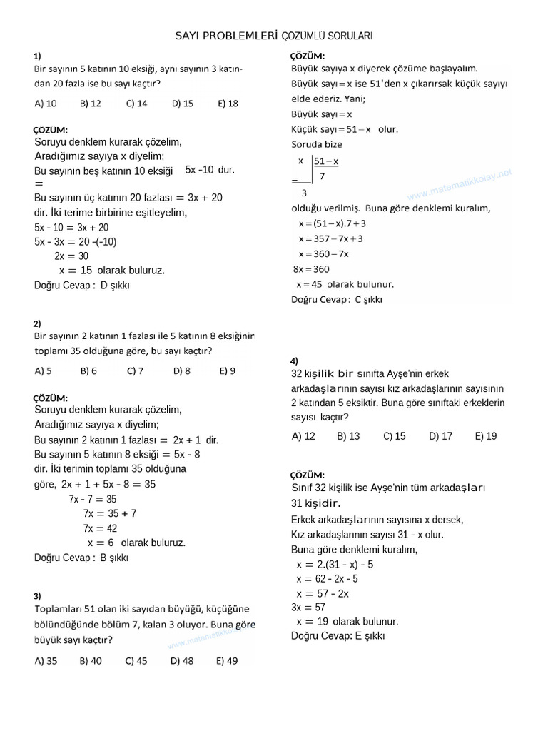 Sayı Problemleri Çözümlü Test | PDF