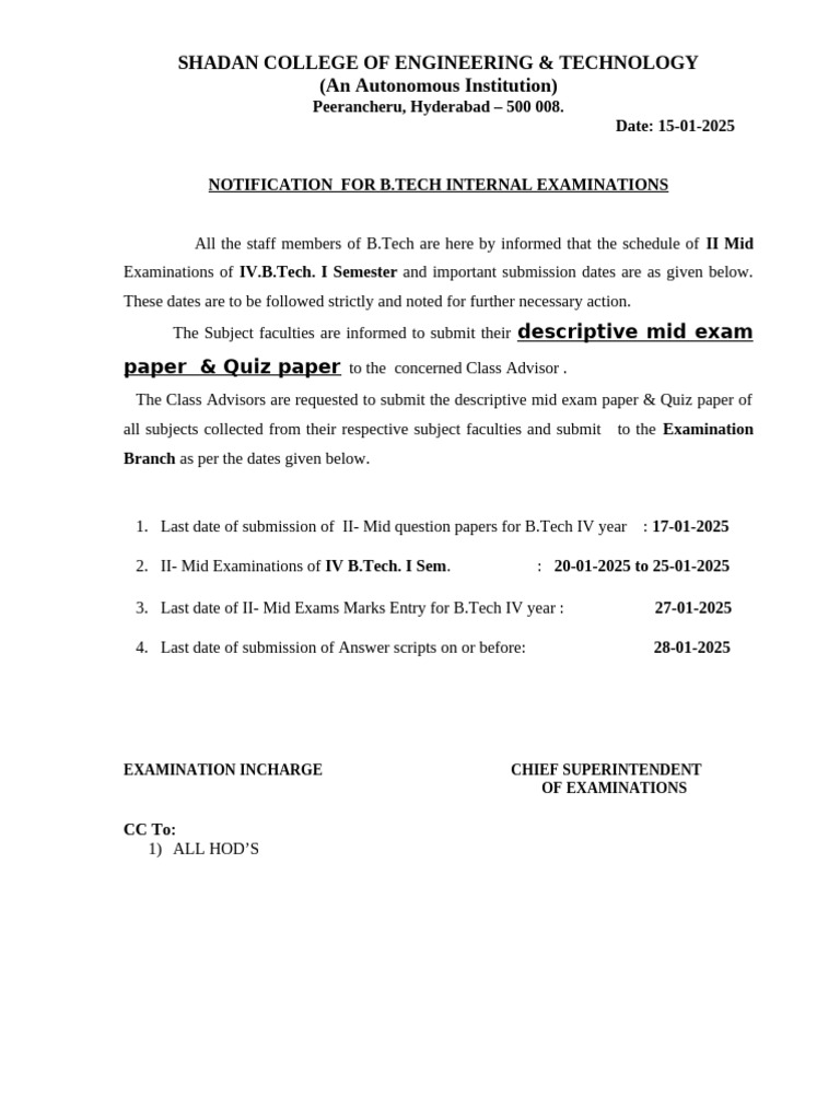 B.Tech Mid Exam Schedule 2025 | PDF