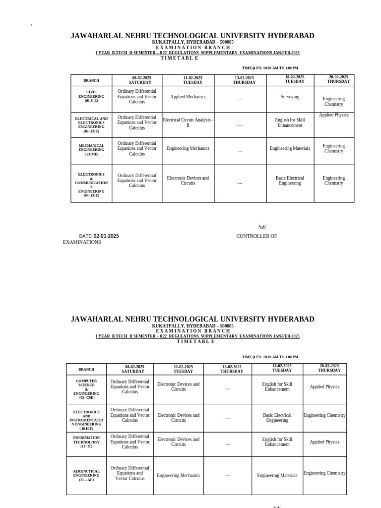B.Tech I-II R22 Time Table | PDF | Engineering | Equations