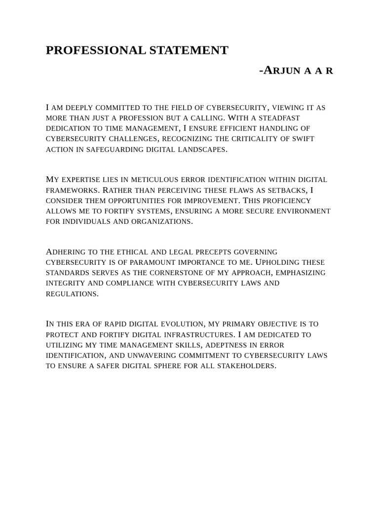 Cybersecurity Professional Statement | PDF