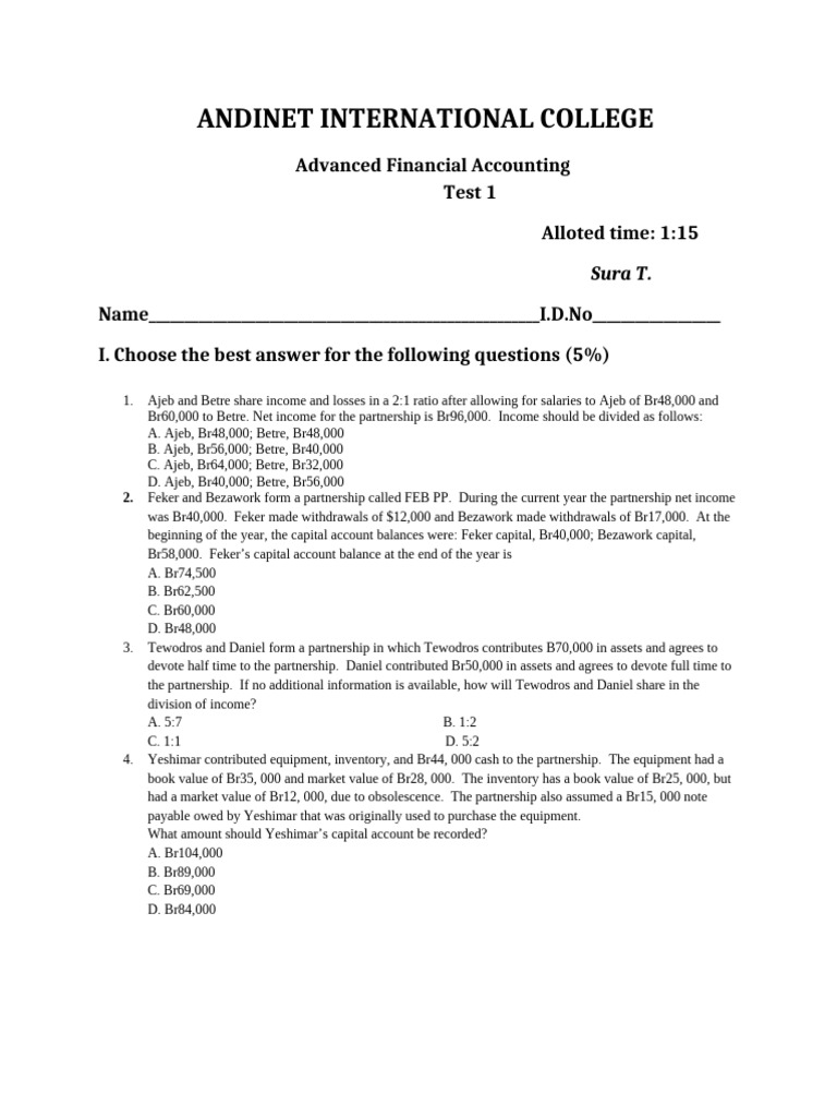 Advanced Accounting Test | PDF | Book Value | Financial Services