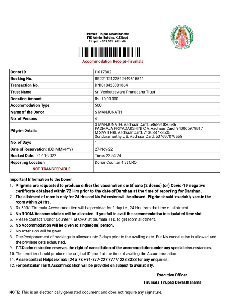 Tirumala Accommodation Receipt Details | PDF | Vaishnavism