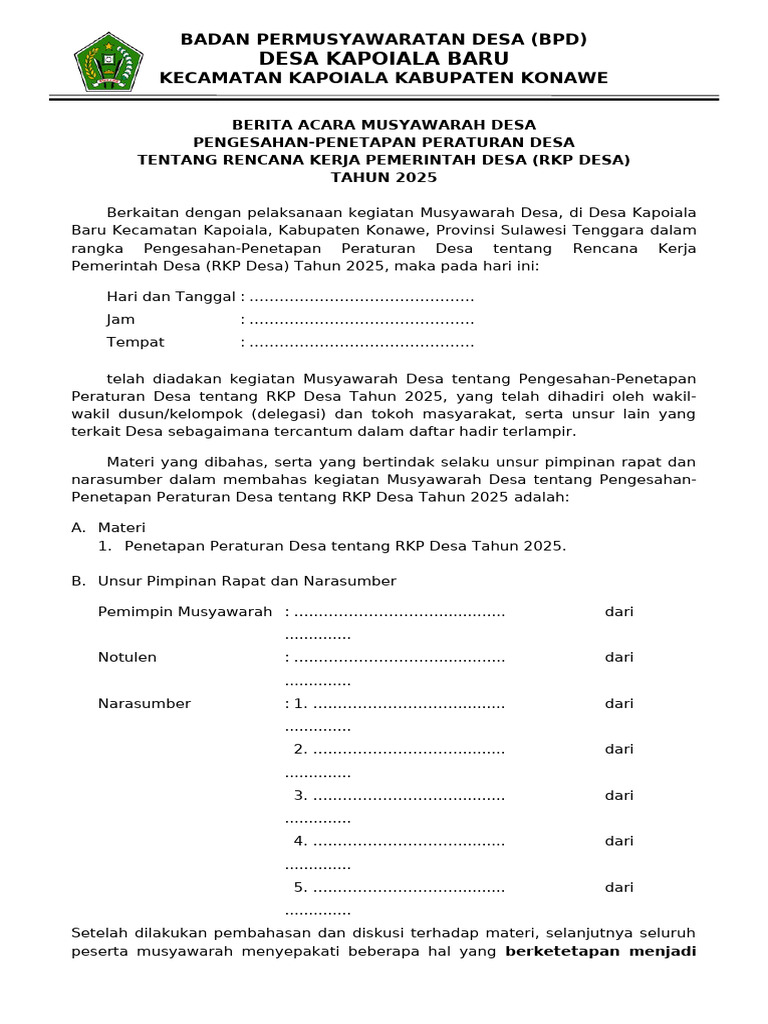 Pengesahan RKP Desa 2025 Kapoiala Baru | PDF