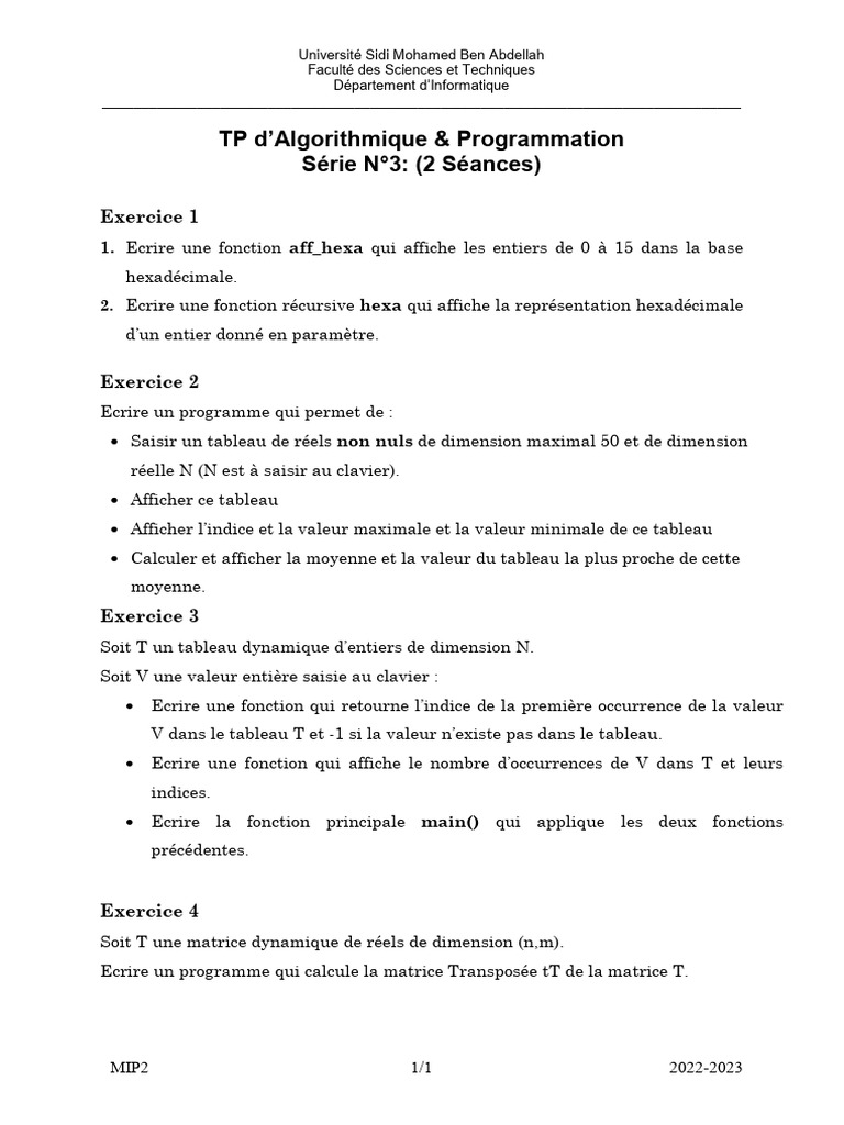 TP Algorithmique : Fonctions et Tableaux | PDF