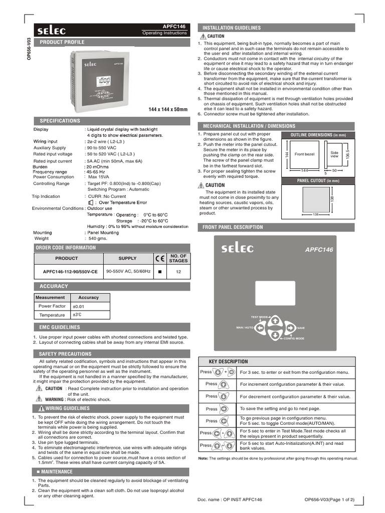 APFC146 Operating Manual Overview | PDF | Alternating Current | Transformer