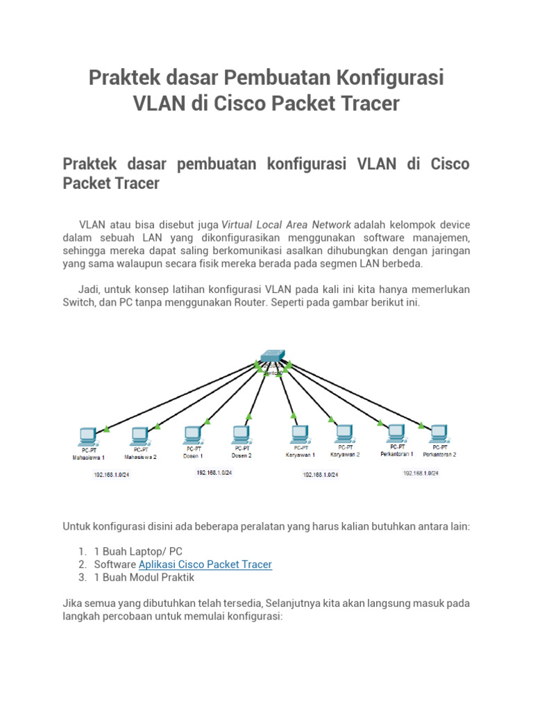 Praktek dasar Pembuatan Konfigurasi VLAN di Cisco Packet Tracer | PDF