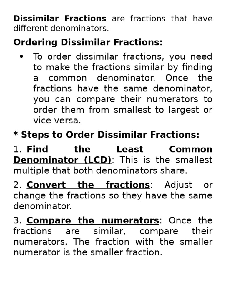 Ordering Dissimilar Fractions Guide | PDF