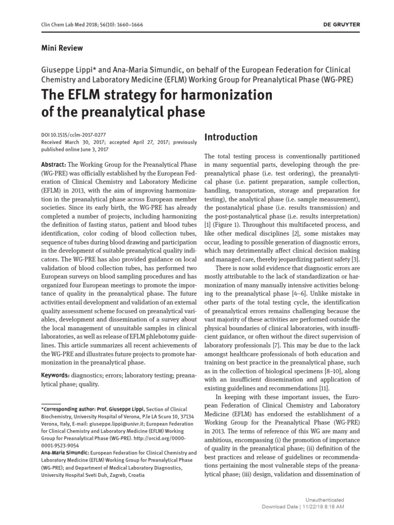 EFLM Preanalytical Phase Harmonization | PDF | Medical Laboratory ...