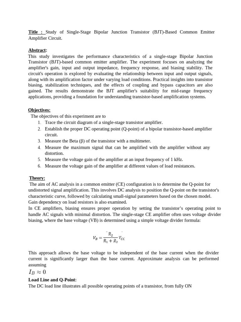 BJT Common Emitter Amplifier Study | PDF | Amplifier | Bipolar Junction ...