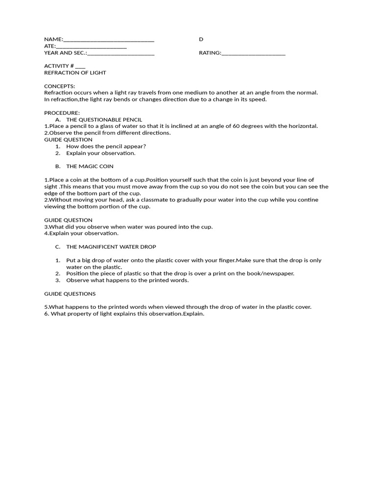 Activity Refraction of Light | PDF