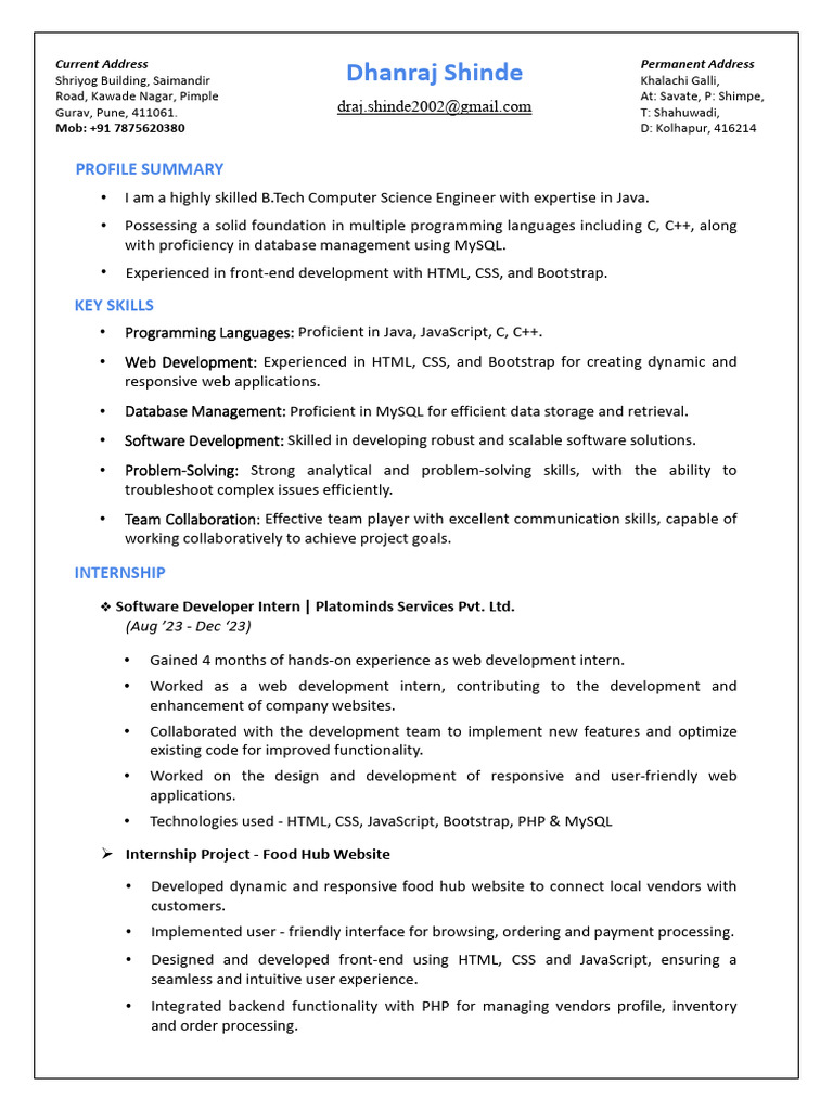 B.Tech Computer Science Engineer Profile | PDF | Web Development ...