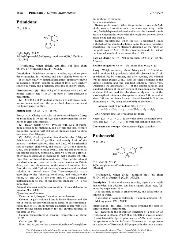 Primidone and Probenecid Monographs | PDF | Gas Chromatography | Solubility