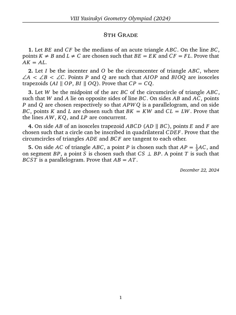 2024 VIII Yasinskyi Geometry Olympiad | PDF | Triangle | Geometry