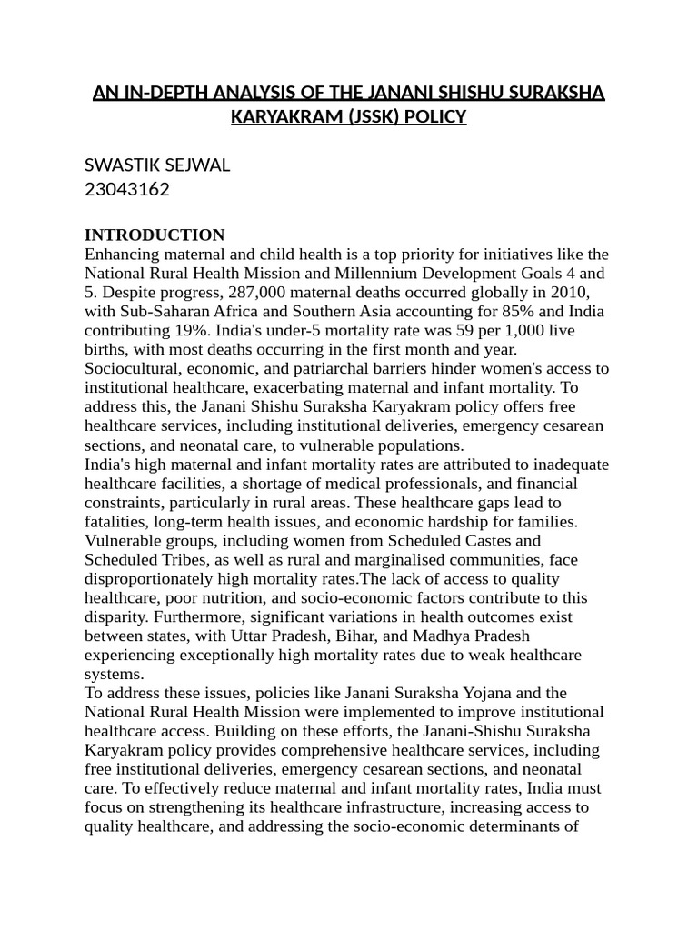 Swastik Sejwal JSSK Essay | PDF | Maternal Death | Health Care
