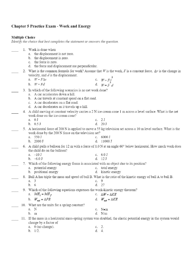 Chapter 5 Practice Exam - Work and Energy | PDF