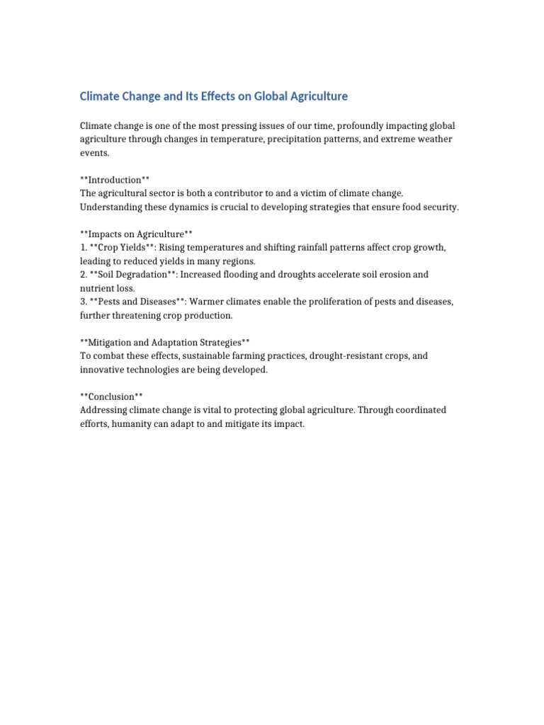 Climate Change And Its Effects On Global Agriculture Pdf