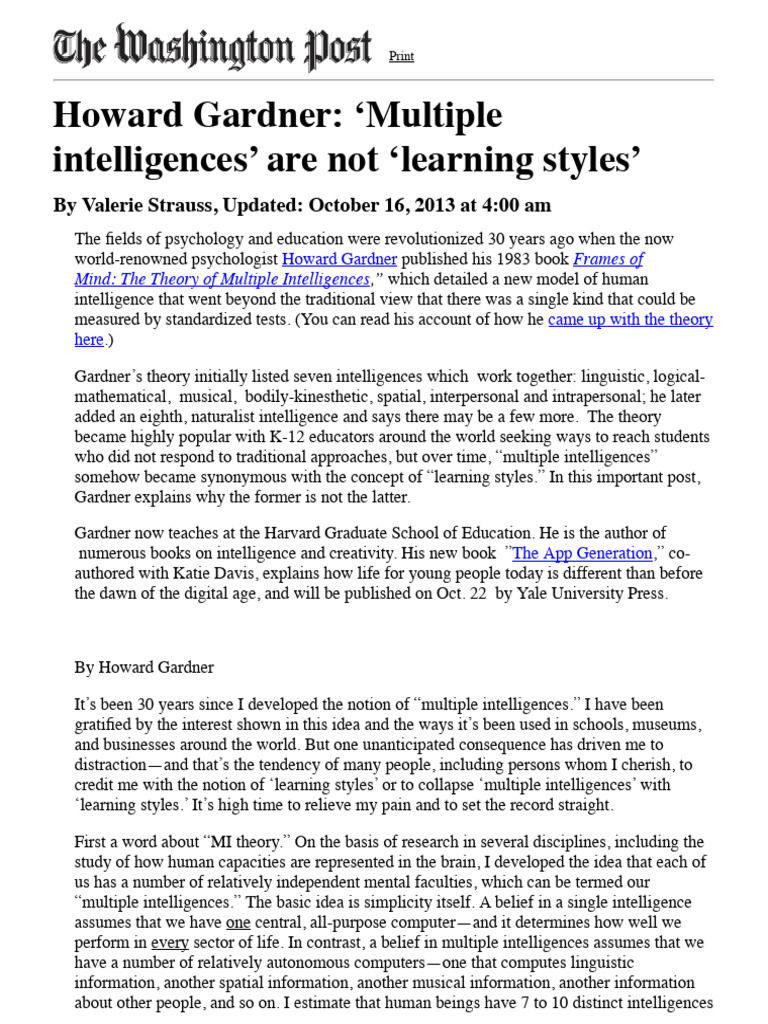 Howard Gardner - Multiple Intelligences - Are Not - Learning Styles ...
