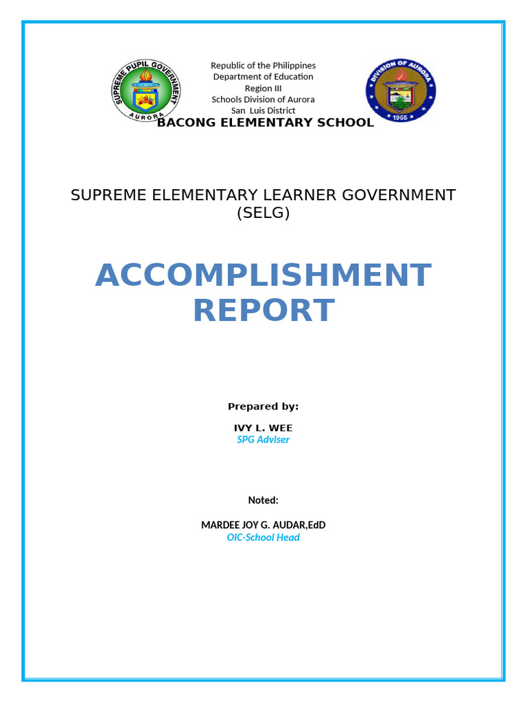 BACONG ES SPG Acccomplisment Report | PDF | Learning | Behavior ...