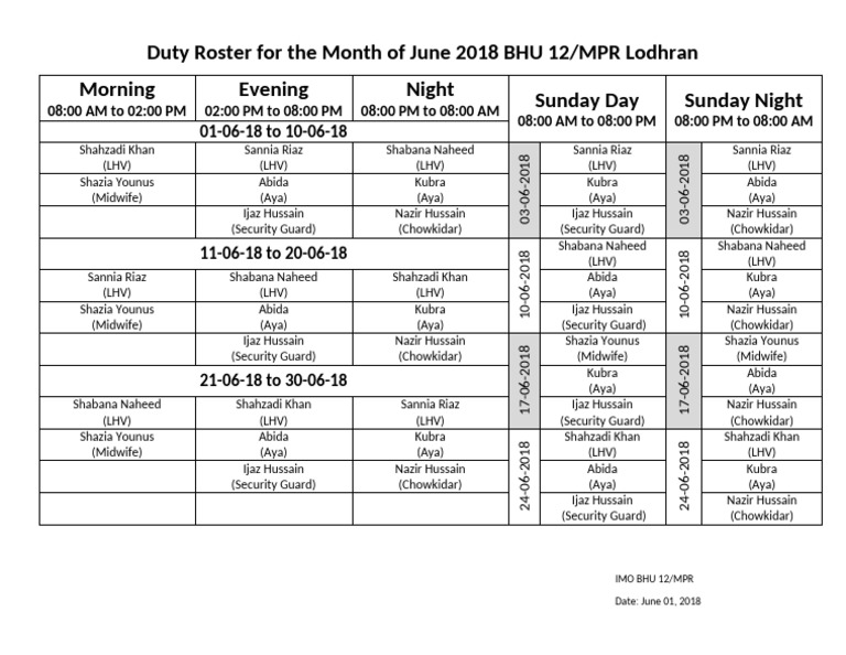 Duty Roster for the Month of June | PDF