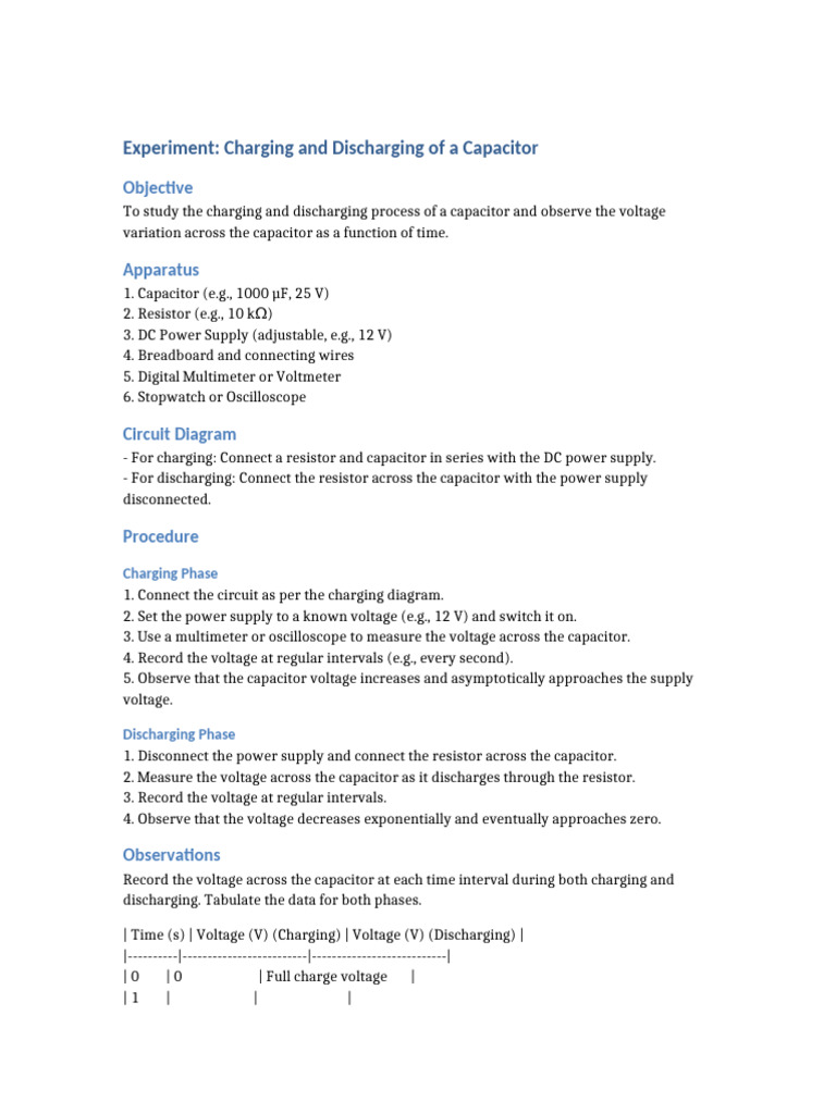 Capacitor Charging and Discharging Experiment | PDF