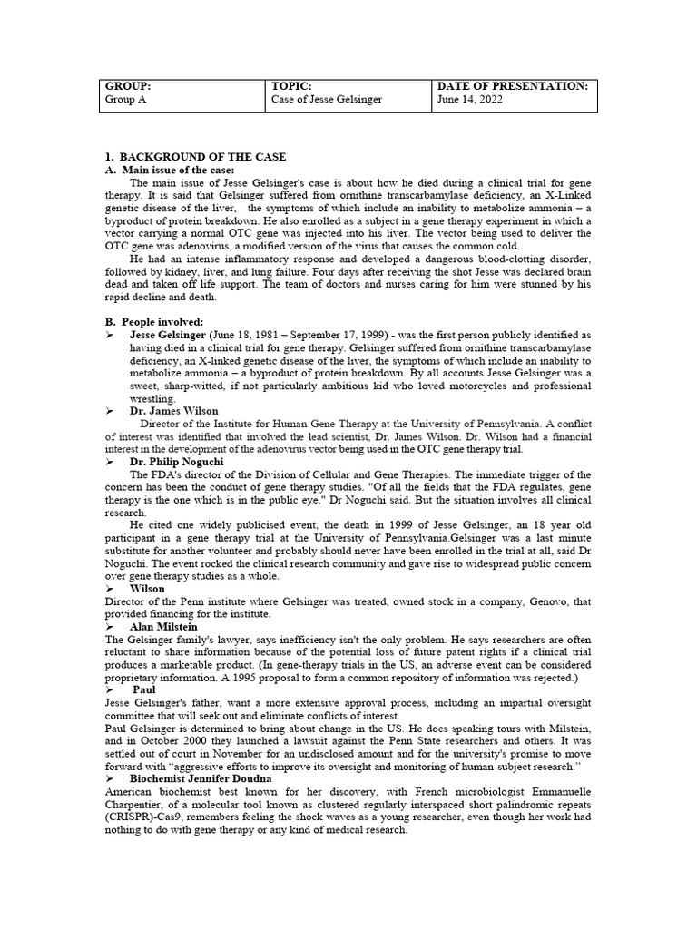 Group A The Case of Jesse Gelsinger | PDF | Gene Therapy | Viral Vector