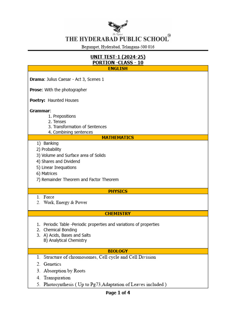 Class 10 Unit Test 1 Syllabus 2024-25 | PDF | Chemistry