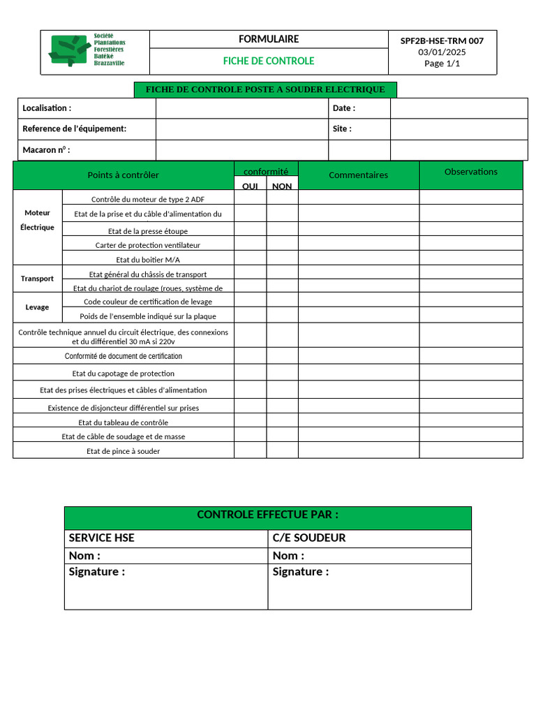 Fiche de contrôle poste à souder électrique | PDF