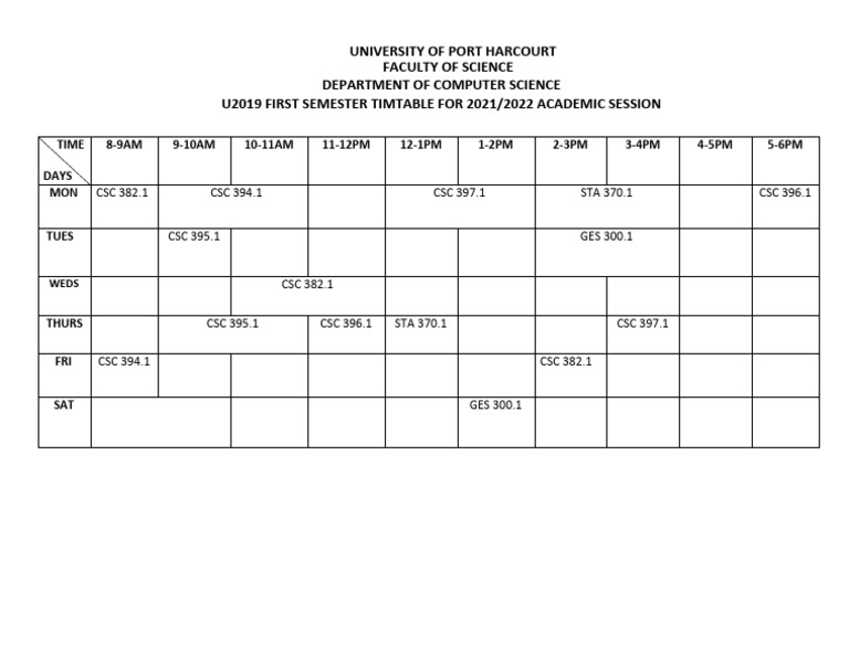 CSC U2019 First Semester Timetable (300L) | PDF