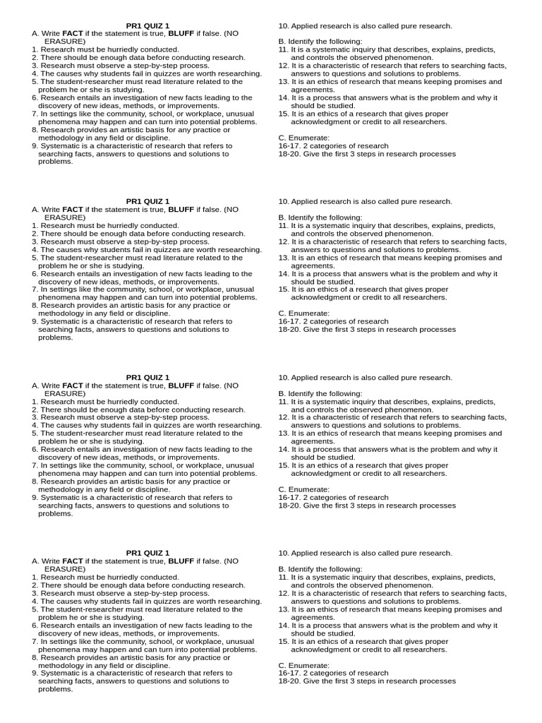 PR1 QUIZ 1 | PDF | Methodology | Inquiry
