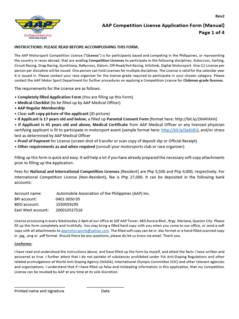 AAP Motorsport Competition License Manual Form Rev2 | PDF | Motorsport ...