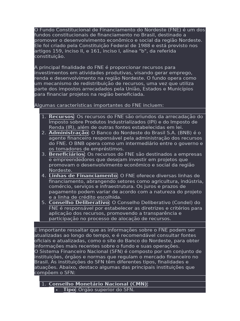 Fundo de Financiamento do Nordeste: FNE | PDF | Bancos | Crédito