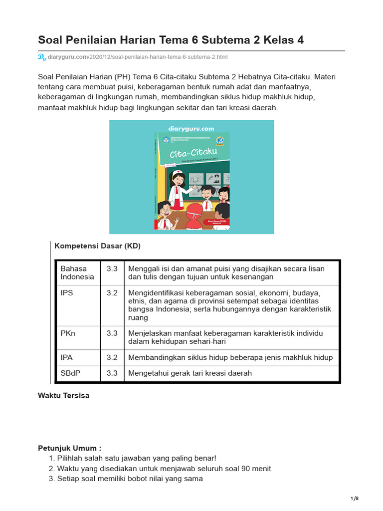 Soal Penilaian Harian Tema 6 Subtema 2 Kelas 4 | PDF