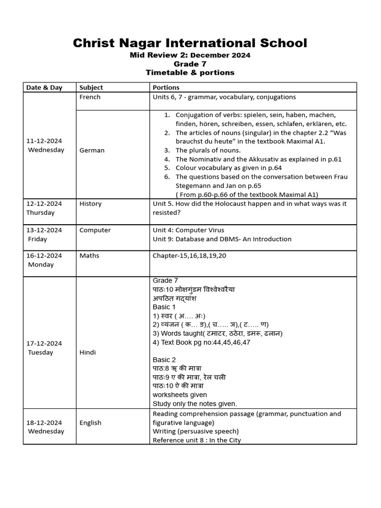 Grade 7 Mid Review Timetable & Portions | PDF | Linguistics | Syntax