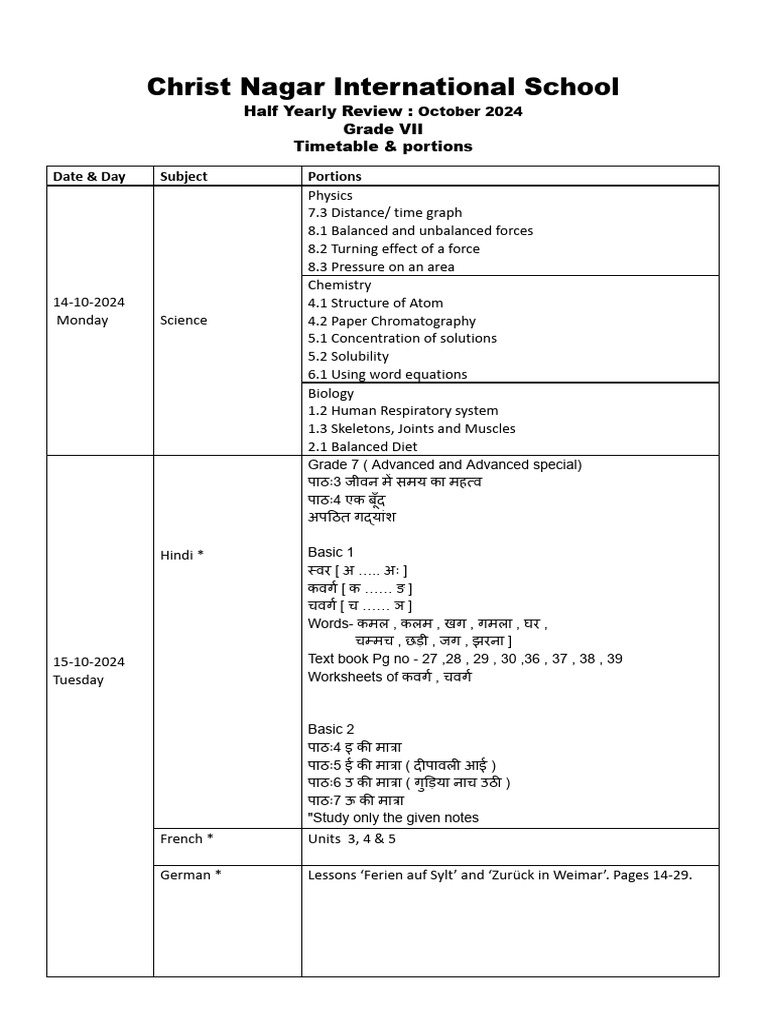 Grade 7 - Half Yearly Review Timetable & Portion 2024-25 | PDF