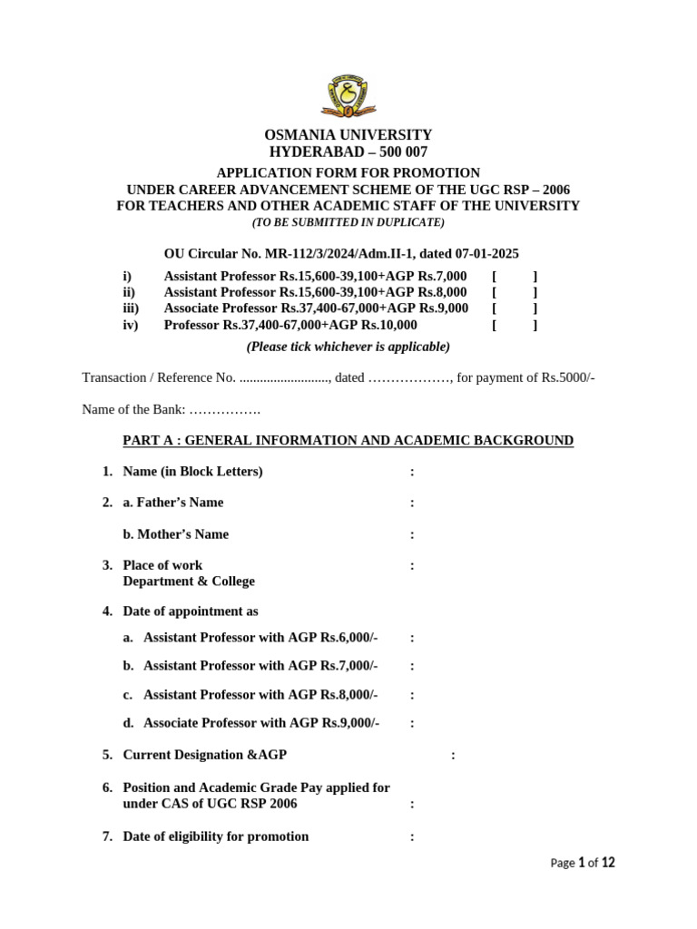 UGC CAS Promotion Application Form | PDF | Doctor Of Philosophy | Academia