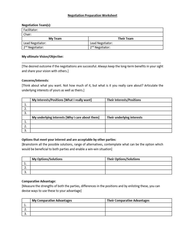 Negotiation Preparation Worksheet Guide | PDF