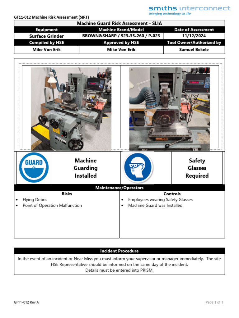 Machine Risk Assessment for Surface Grinder | PDF
