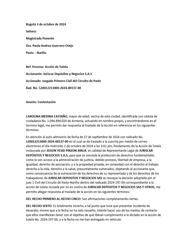 Contestación a Acción de Tutela en Pasto | PDF | Caso de ley | Ley procesal