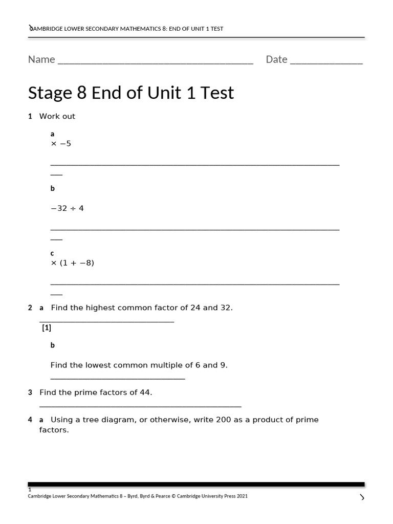 Stage 8 End of Unit 1 Test | PDF | Mathematics | Elementary Mathematics
