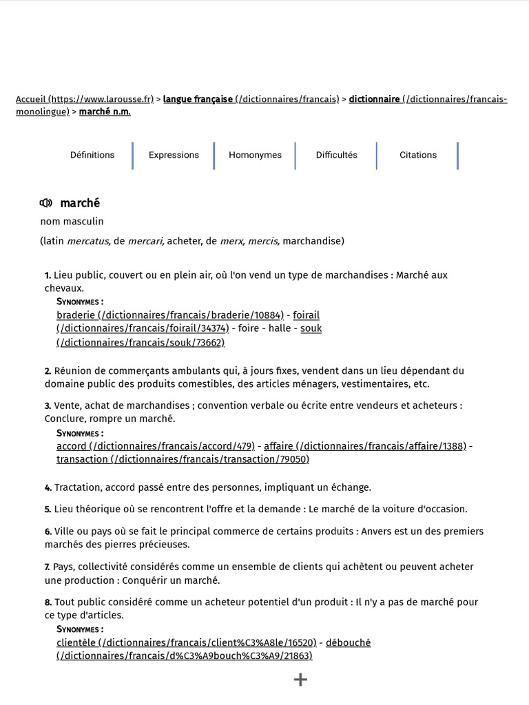 Définitionsmarché-DictionnairedefrançaisLarousse 1736090238644 | PDF |  Marché (Économie) | Option (Finance)