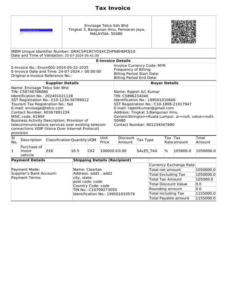 E-Invoice for Envisage Telco Sdn Bhd | PDF | Invoice | Payments