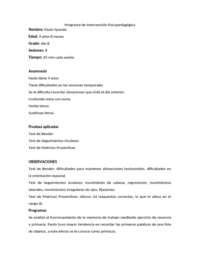 Programa de Intervención Psicopedagógica | PDF | Memoria | Procesos ...
