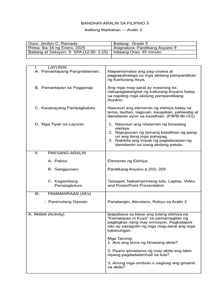 Banghay Aralin Sa Filipino 9 Demo-Teaching | PDF